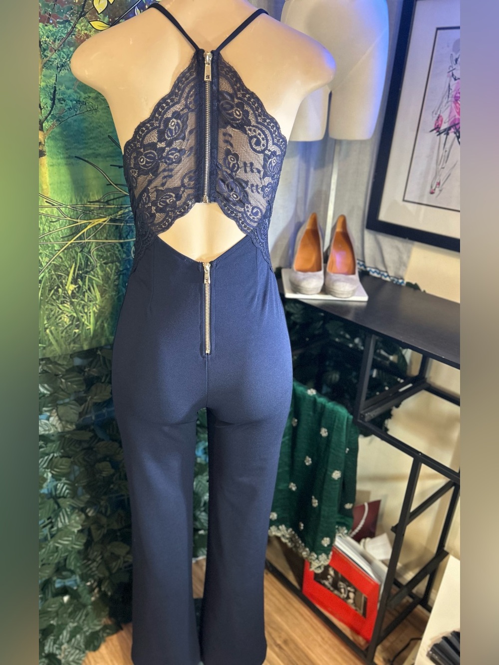 Windsor Navy Lace-Back Halter Jumpsuit with Silver Exposed Zippers | Size: S